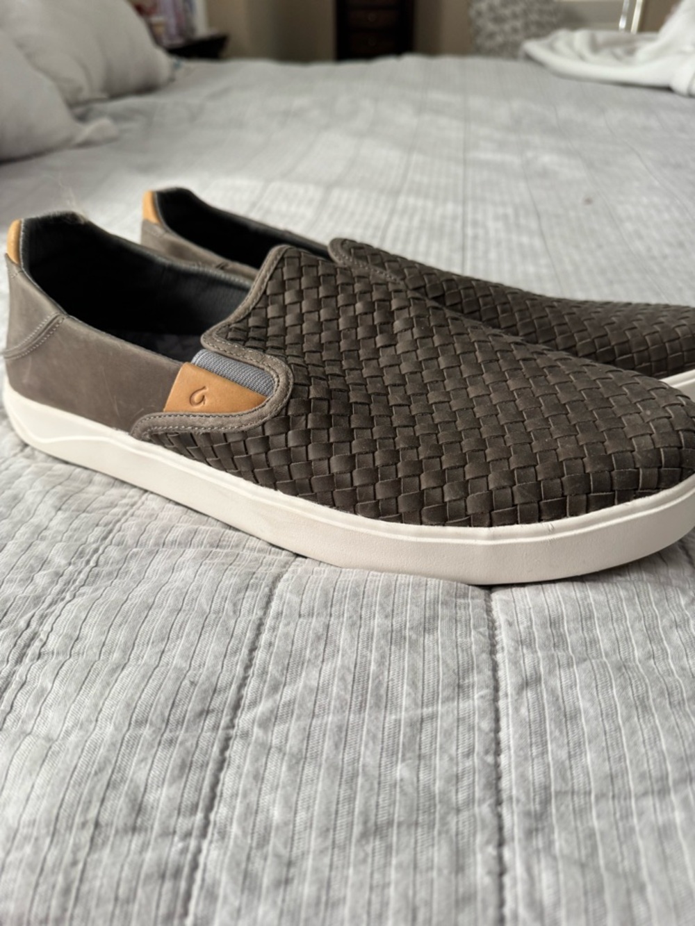 OluKai Men's Woven Slip-On Loafers in Dark Gray with Tan Accent